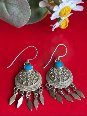 925 Silver Earrings,Boho Silver-Tone Turquoise Dangle Earrings